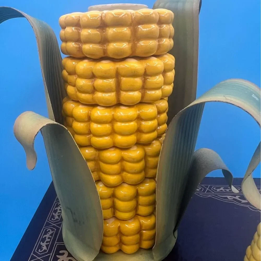 Corn Napkin Rings & Toothpick Holder Ceramic & Metal  Husk Caddy, 8 Pc